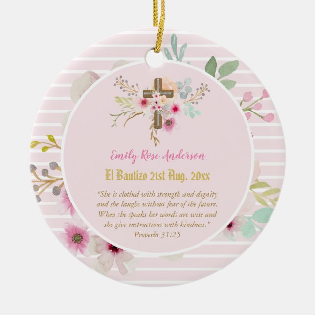 Pink Floral BAUTIZO Taufe Bibel Verse Foto Girl Keramik Ornament (Vorne)