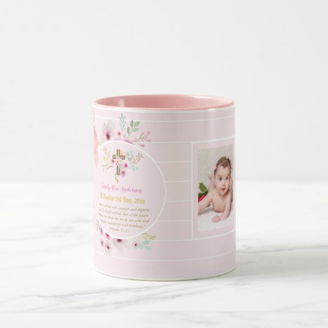 Pink Floral BAUTIZO Taufe Bibel Verse Foto Girl Tasse (Zentrum)
