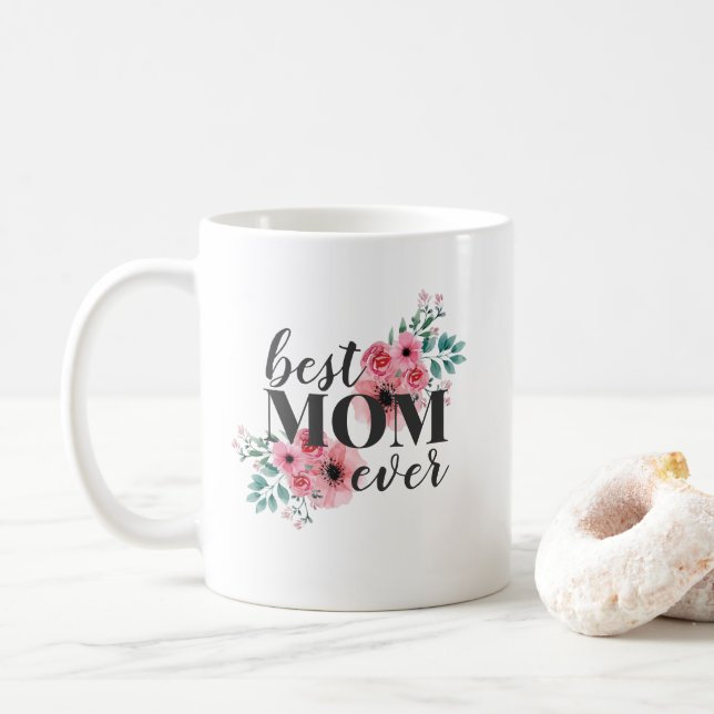 Pink Floral Beste Mama je Personalisiert Kaffeetasse (Mit Donut)