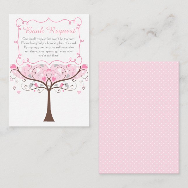 Pink Floral Bird Baby Shower Book Request Begleitkarte (Vorne/Hinten)