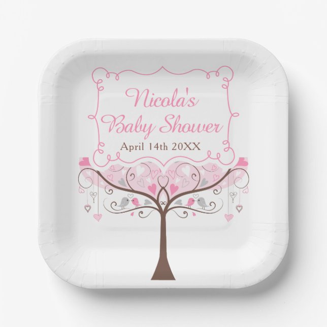 Pink Floral Bird Baby Shower  Pappteller (Vorderseite)
