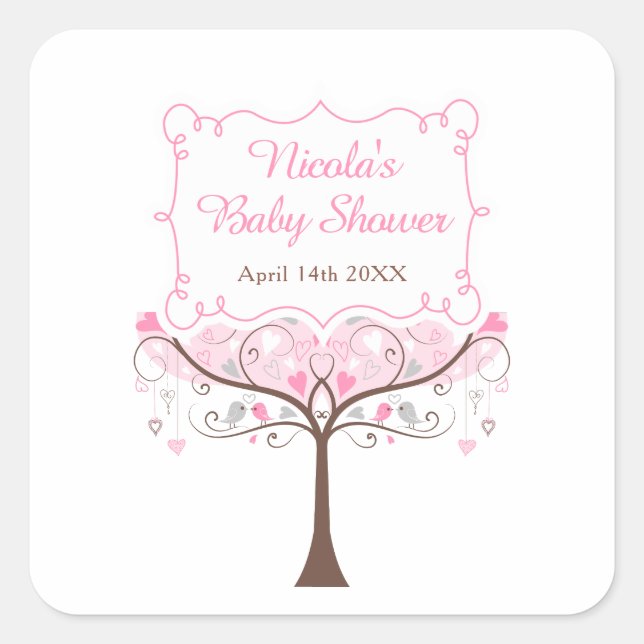 Pink Floral Bird Baby Shower Thank You Quadratischer Aufkleber (Vorderseite)