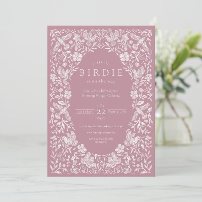 Pink Floral Birdie Baby Dusche Einladung (Stehend Vorderseite)