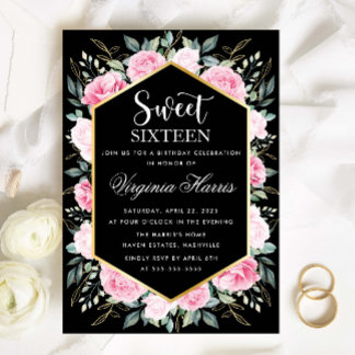 Pink Floral Black 16 . Geburtstag 16 Geburtstag Einladung