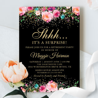 Pink Floral Black Gold Surprise Retirement Party Einladung