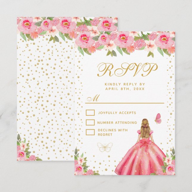 Pink Floral Blonde Hair Princess Sweet Sixteen RSVP Karte (Vorne/Hinten)