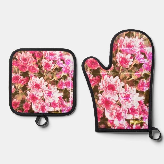 Pink Floral Bloom Pattern Ofenhandschuh & Topflappen-Set (Vorderseite)