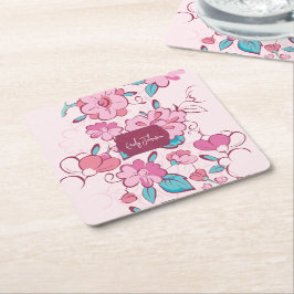 Pink Floral Blossom Script Name Paper Coaster Rechteckiger Pappuntersetzer