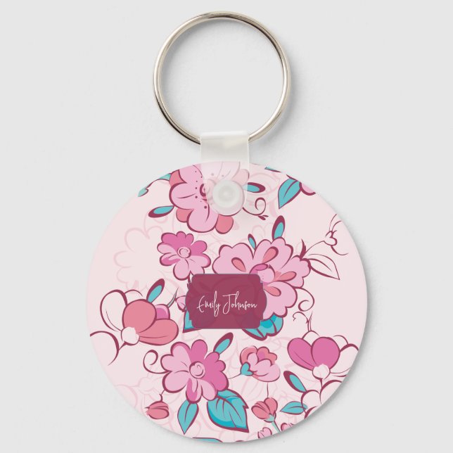 Pink Floral Blossom Script Name Paper Coaster Schlüsselanhänger (Vorderseite)