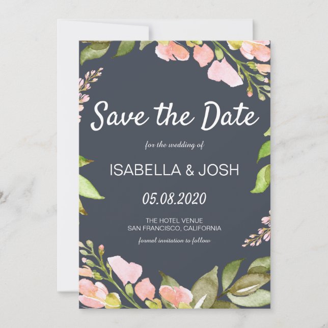 Pink Floral Boho Dark Blue Save the Date (Vorderseite)