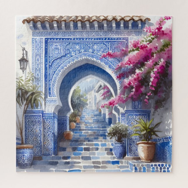 Pink Floral Bougainvillea Marokko Blaue Fliesen Puzzle (Vertikal)