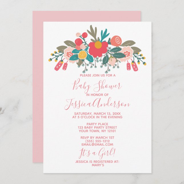 Pink Floral Bouquet Babydusche Einladung (Vorne/Hinten)