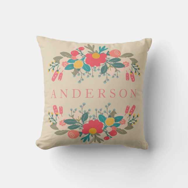 Pink Floral Bouquet mit Namen Kissen (Vorderseite)