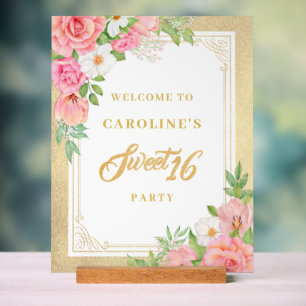 Pink Floral Bouquet Rose Sweet 16 Party Willkommen Acrylschild
