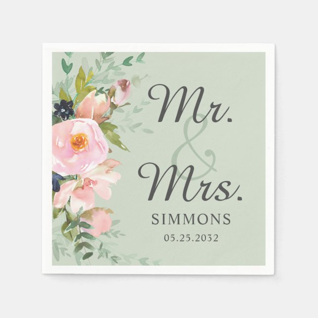 Pink Floral Bouquet Sage Green Mr. & Mrs. Wedding Serviette (Vorderseite)