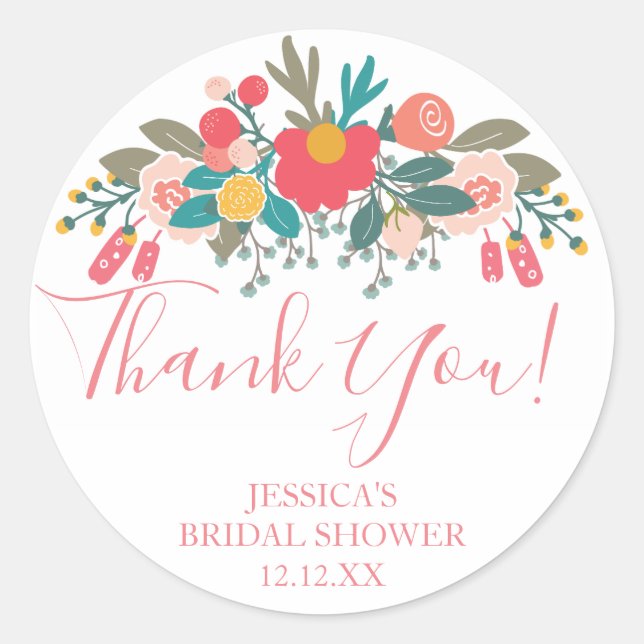 Pink Floral Bouquet Vielen Dank Runder Aufkleber (Vorderseite)