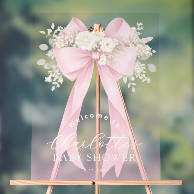 Pink Floral Bow Baby girl Shower Welcome Acrylschild (Neutral)