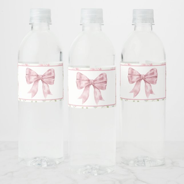 Pink Floral Bow Babydusche Wasserflaschenetikett (Flaschen)