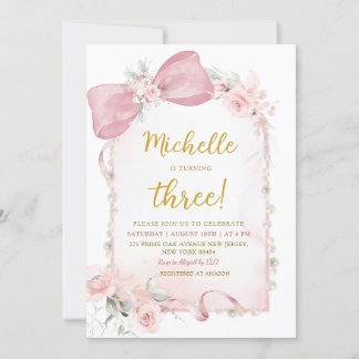Pink Floral Bow Girl 3. Geburtstag Einladung