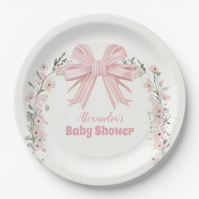 Pink Floral Bow Girl Babydusche Pappteller (Vorderseite)