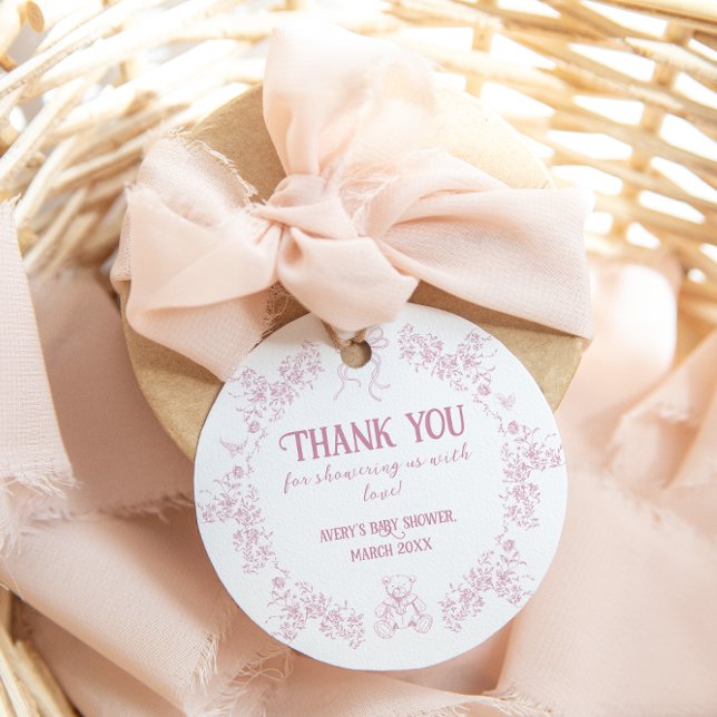 Pink Floral Bow Toile Teddy Bear Baby Dusche Geschenkanhänger (Von Creator hochgeladen)