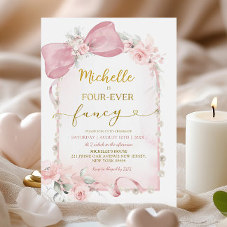 Pink Floral Bow Vier-mal extravagant 4. Geburtstag Einladung