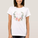 Pink Floral Bridge Script Watercolor Wreath T-Shirt<br><div class="desc">Ein hübsches,  modernes Blumendesign im T - Shirt. Der Aquarellkranz aus Rosa,  Pfirsich und Eukalyptus-Grün zeigt den Titel "Bride" in der Mitte,  in handgeschriebener rosa Schriftzeichen. Dies ist Teil einer Sammlung von Brautparty-T-Shirts in diesem Design-Thema,  sehen Sie unsere Zazzle-Shop für die Erholung. Copyright Elegant Invites,  alle Rechte vorbehalten.</div>