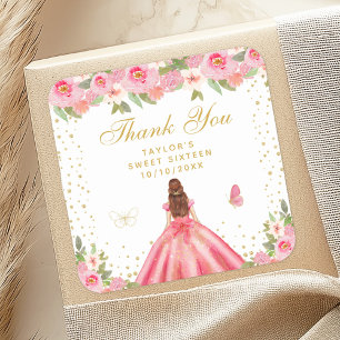 Pink Floral Brown Hair Princess 16 . Geburtstag Quadratischer Aufkleber