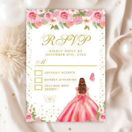 Pink Floral Brown Hair Princess 16 . Geburtstag RSVP Karte