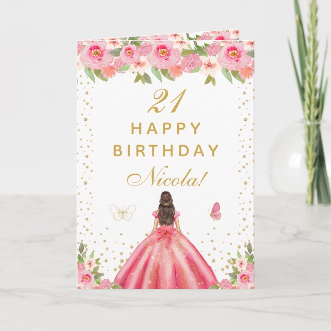 Pink Floral Brunette Hair Girl Birthday Karte (Vorderseite)