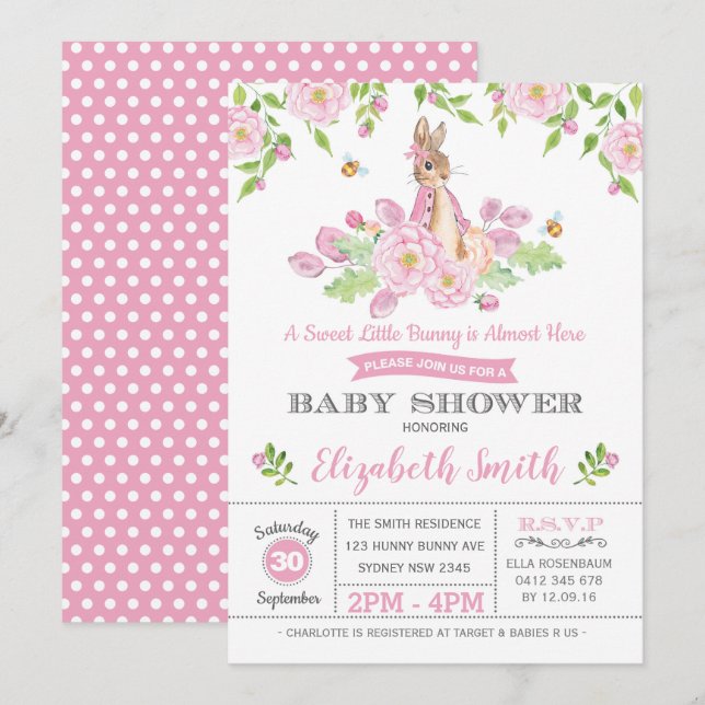 Pink Floral Bunny Baby Dusche Woodland Girl Rabbit Einladung (Vorne/Hinten)
