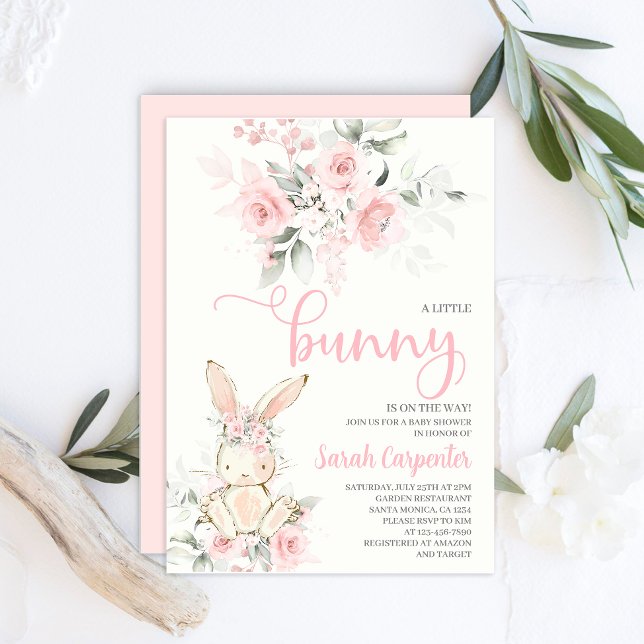 Pink Floral Bunny Baby Shower Girl Einladung (Von Creator hochgeladen)