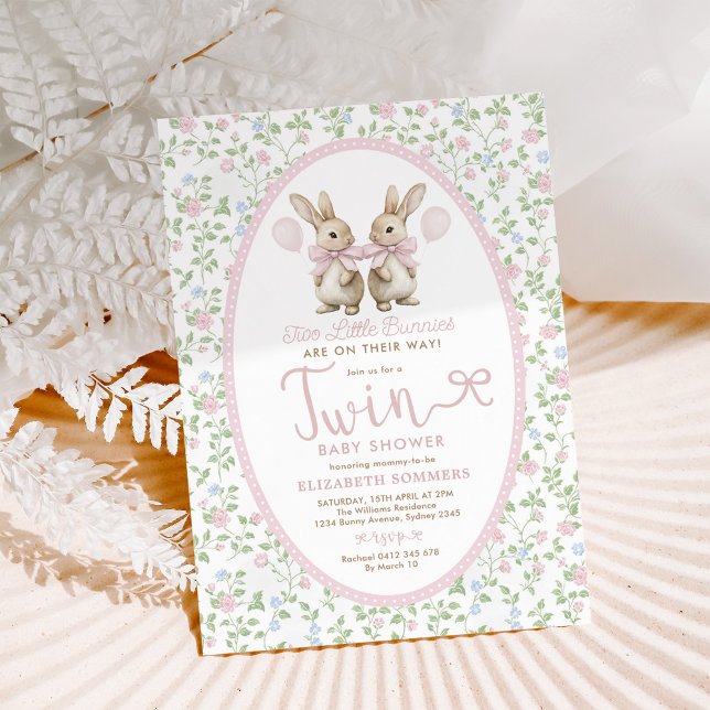 Pink Floral Bunny Ballon Twin Girl Babydusche Einladung (Von Creator hochgeladen)