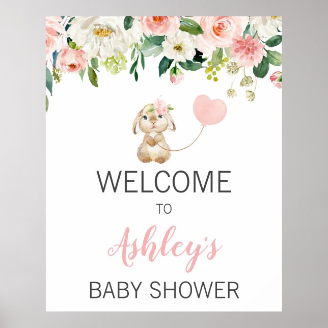 Pink Floral Bunny Balloon Baby Dusche Begrüßungsze Poster (Vorne)