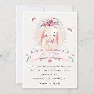 Pink Floral Bunny & Birds Baby Girl Ankündigung
