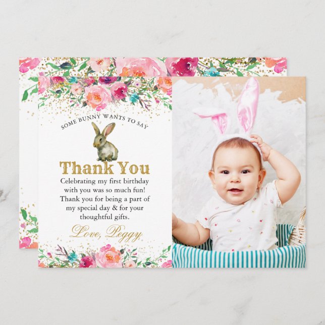 Pink Floral Bunny Birthday Foto Danke Karte (Vorne/Hinten)