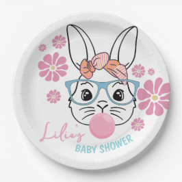 Pink Floral Bunny Girl Babydusche personalisiert Pappteller