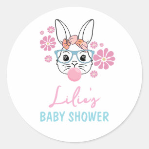 Pink Floral Bunny Girl Babydusche personalisiert Runder Aufkleber