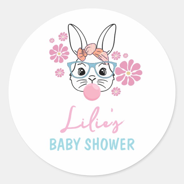 Pink Floral Bunny Girl Babydusche personalisiert Runder Aufkleber (Vorderseite)
