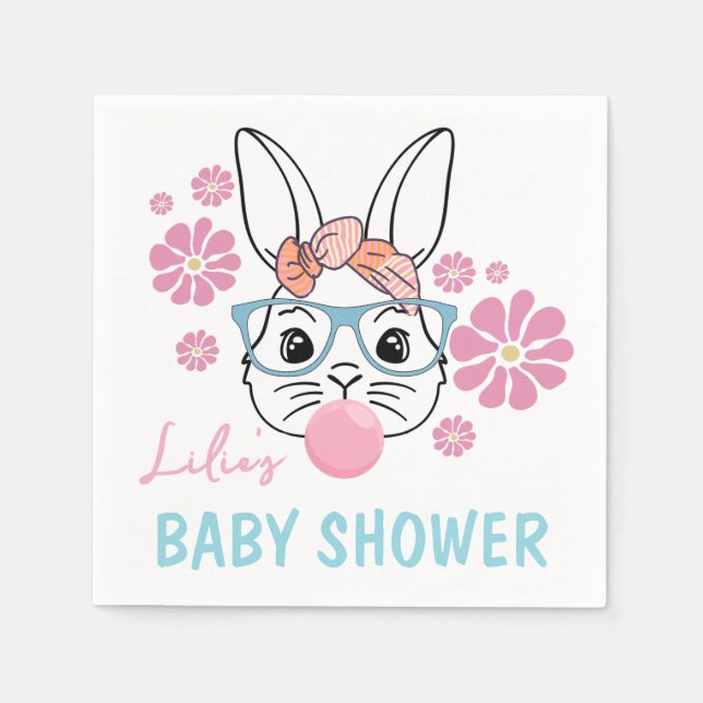 Pink Floral Bunny Girl Babydusche personalisiert Serviette (Vorderseite)