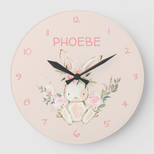 Pink Floral Bunny Nursery Wall Clock Große Wanduhr