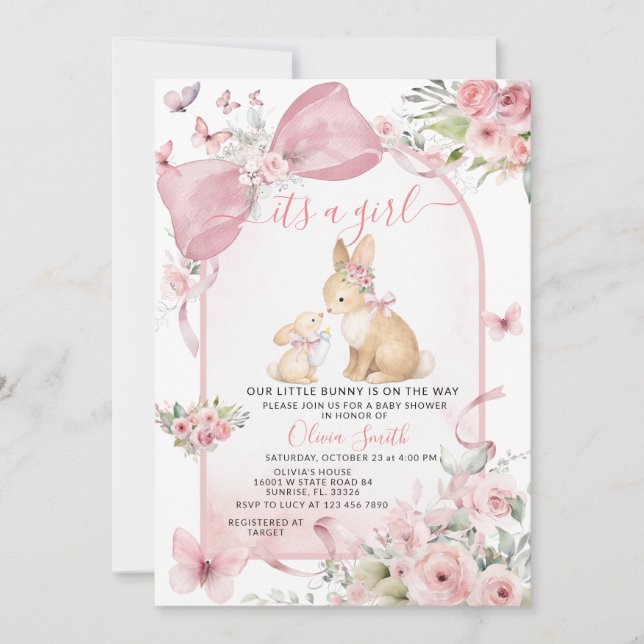 Pink Floral Bunny Pink Bow Baby Shower Invitation Einladung (Vorderseite)