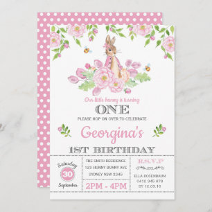 Pink Floral Bunny Rabbit 1. Girl Birthday Party Einladung