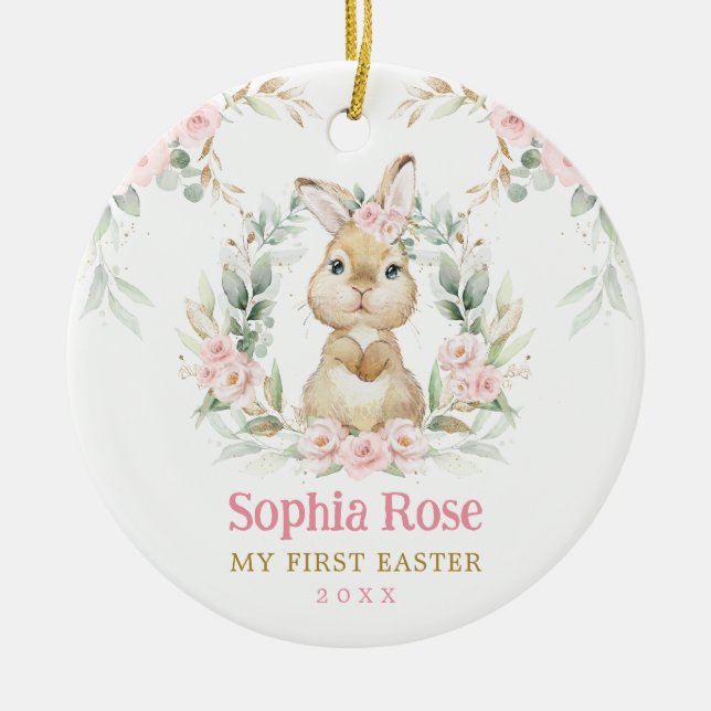 Pink Floral Bunny Rabbit Baby 1. Osterfest Keramik Ornament (Vorne)