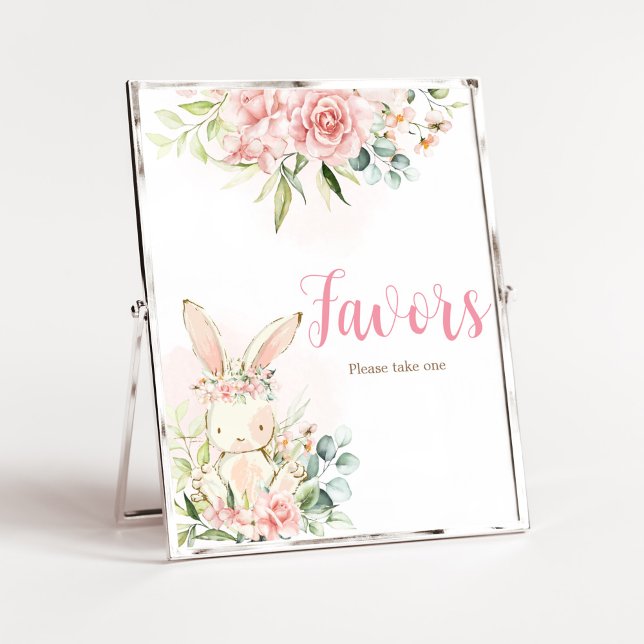Pink Floral Bunny Rabbit Baby Duwer Favoriten Poster (A Little Bunny Girl Baby Shower Favors Sign)