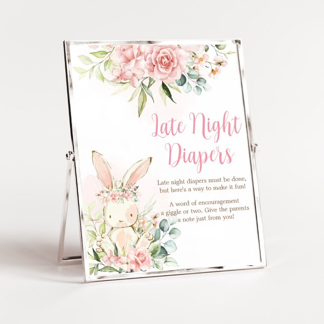 Pink Floral Bunny Rabbit Baby Spate Night Diapers Poster (A Little Bunny Girl Baby Shower Late Night Diapers Sign)
