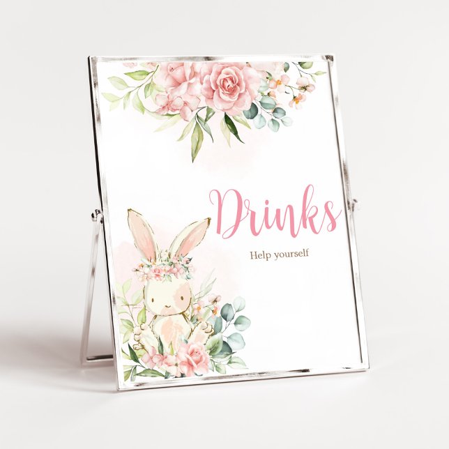 Pink Floral Bunny Rabbit Babydusche Getränke Poster (A Little Bunny Girl Baby Shower Drinks Sign)