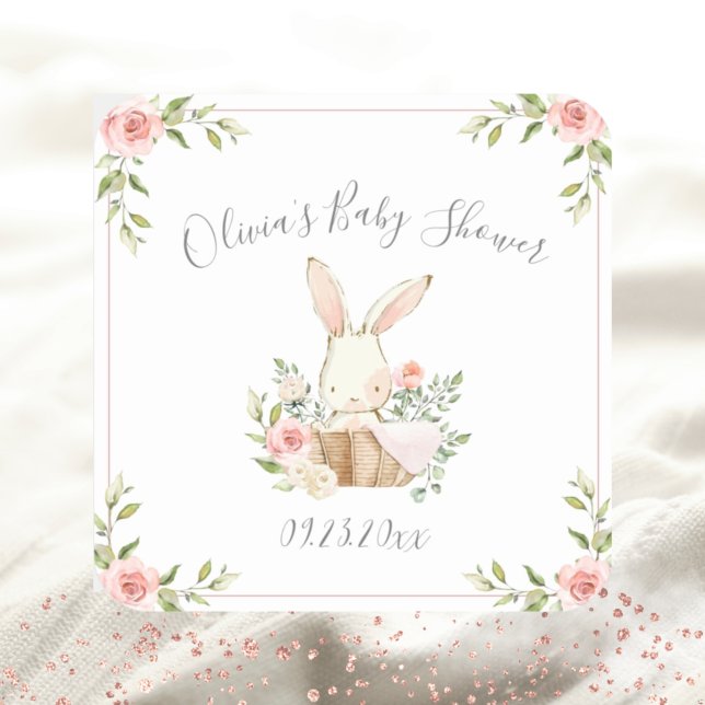 Pink Floral Bunny Rabbit Babydusche Quadratischer Aufkleber (Von Creator hochgeladen)