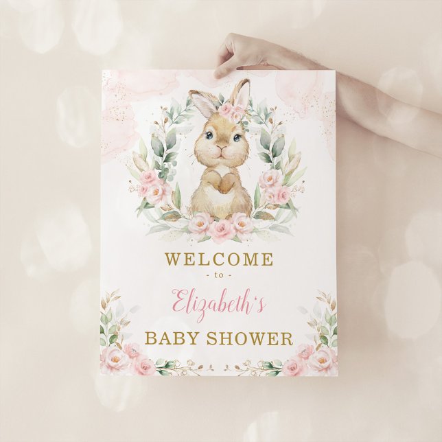 Pink Floral Bunny Rabbit Girl Babydusche Willkomme Poster (Von Creator hochgeladen)