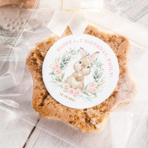 Pink Floral Bunny Rabbit Happy Geburtstagsfavorite Runder Aufkleber